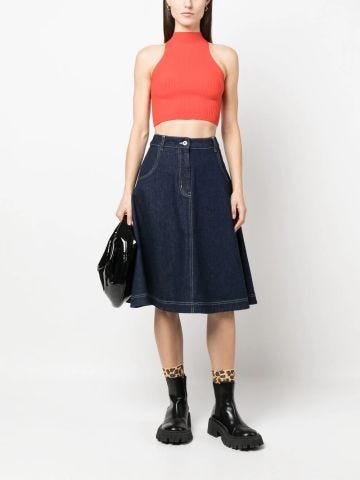 High-waisted blue flared denim skirt