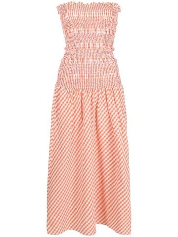 Orange  midi dress with open shoulders and check pattern