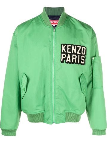Green bomber jacket with zip and logo