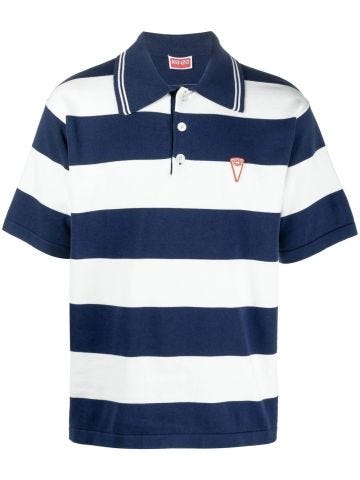 Striped polo shirt with blue and white print