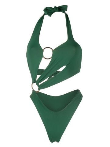 Green one-piece swimming costume with cut-out detail