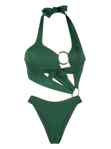Green one-piece swimming costume with cut-out detail