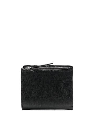 Black embossed grained leather bi-fold wallet with zipper
