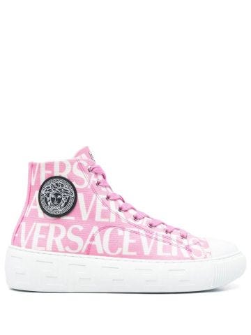 Pink canvas high-top trainers with all-over logo