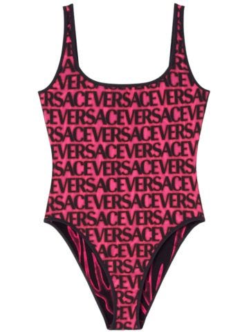 Double-sided one-piece swimsuit with all-over logo