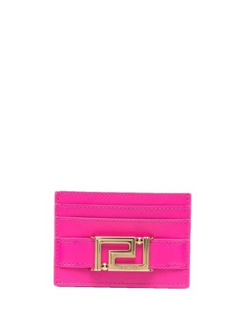 Fuchsia card holder with gold logo plaque