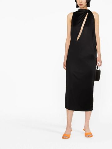Black satin midi dress with cut-out