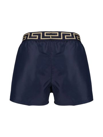Blue boxer swimsuit with Greek motif band