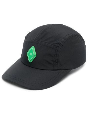 Black visor hat with logo plaque