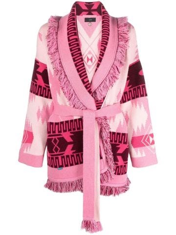 Icon Jacquard Pink Cardigan with Fringes