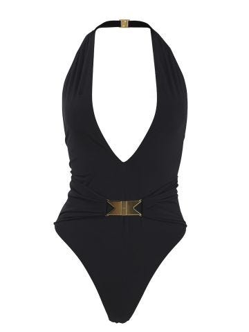 Black one-piece swimming costume with belt