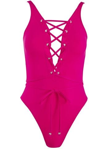 Fuchsia lace-up one-piece swimming costume with logo