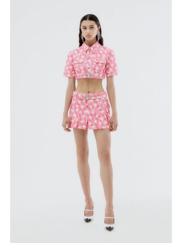 Pink heart print gabardine miniskirt