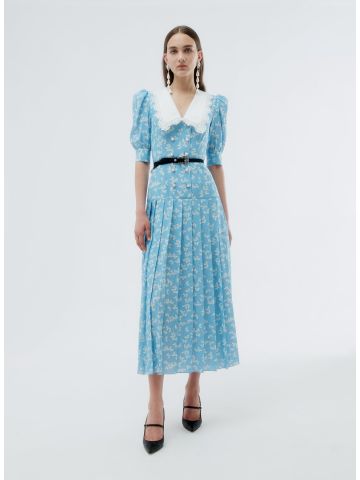 Light blue silk jacquard pleated dress with butterfly print