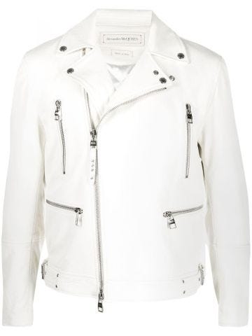 White biker jacket with off-center closure