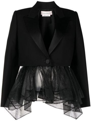 Black single-breasted blazer with tulle