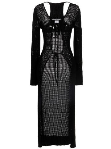 Long black perforated knit cardigan