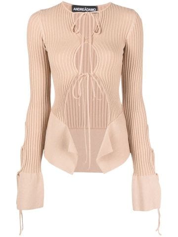 Beige ribbed cardigan with drawstrings