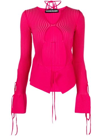 Fuchsia knit long-sleeved top with cut-out detail