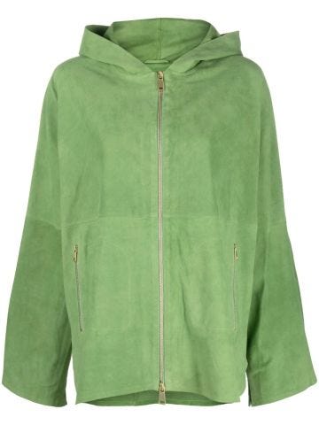 Green leather jacket with zip and hood