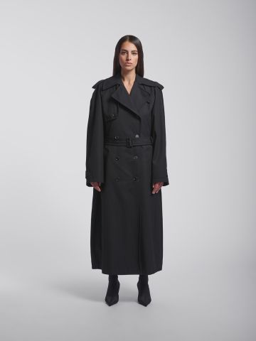 Black double-breasted oversized trench coat