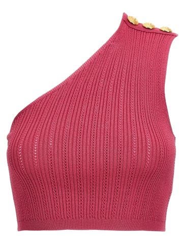 Fuchsia one-shoulder crop top with gold buttons
