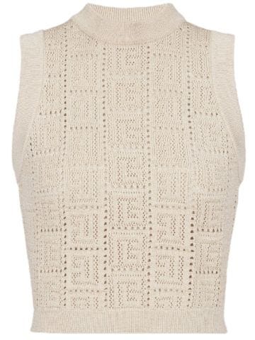 Beige sleeveless knit perforated monogrammed top