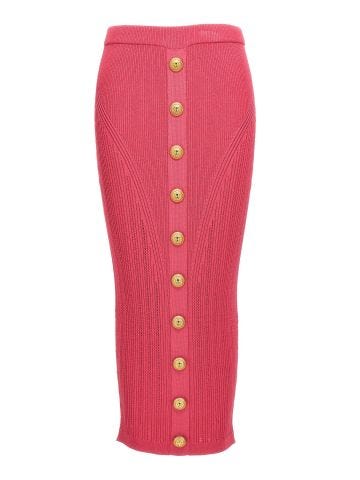 Fuchsia knitted long skirt with gold buttons