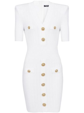 White knit short dress with gold buttons
