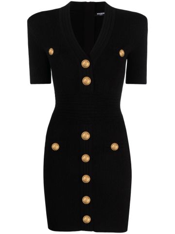 Black knit short dress with v-neck