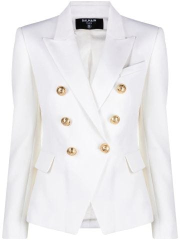 White double-breasted blazer with gold buttons