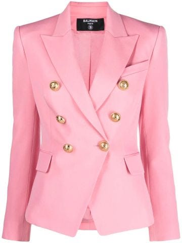 Pink double-breasted blazer with gold buttons