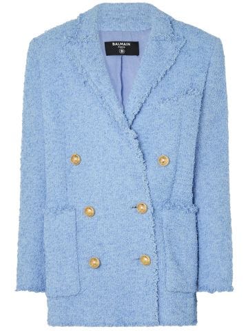 Light blue tweed double-breasted blazer with gold buttons