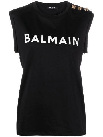 Black sleeveless T-shirt with logo print