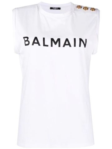 T-shirt smanicata bianca con stampa logo