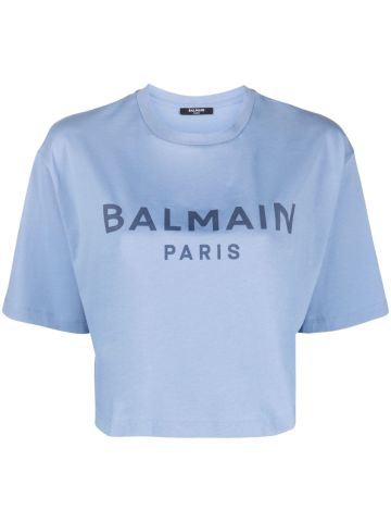Light blue crop short sleeve T-shirt with logo print