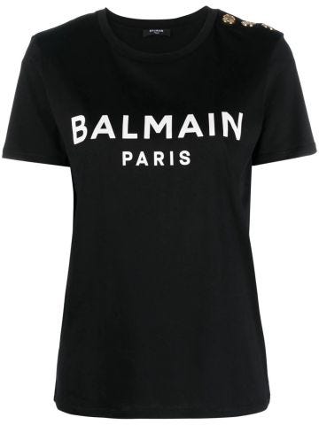 Black T-shirt with white logo print