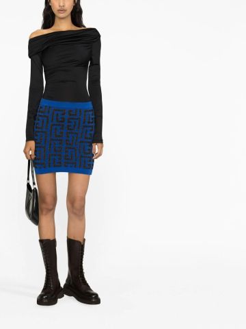 Blue knit miniskirt with all-over monogram pattern