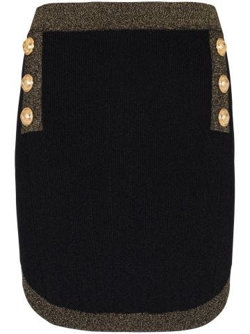 Black pencil mini skirt with buttons and gold trim
