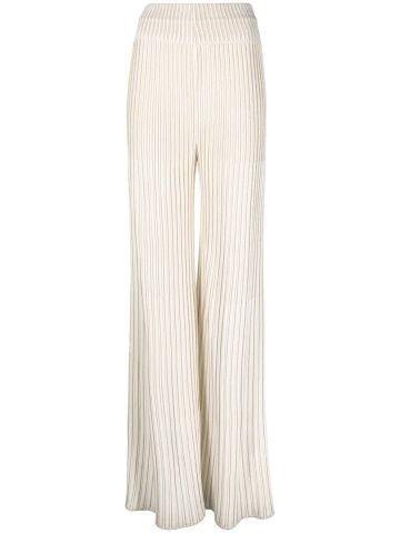 High-waisted pleated beige knit trousers
