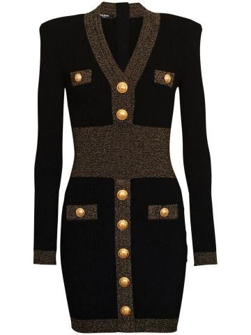 Black short dress with gold trim and buttons