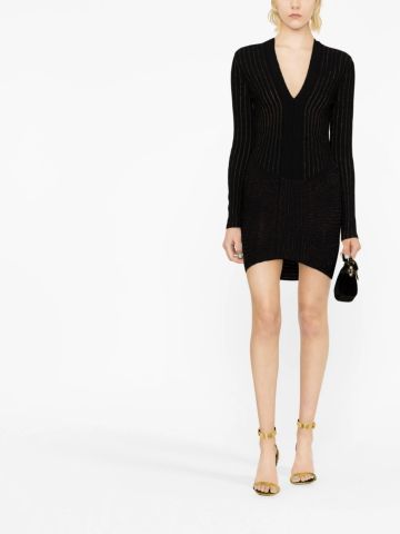 Black knit short dress with v-neckline