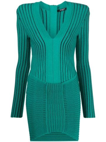 Green knit short dress with v-neck