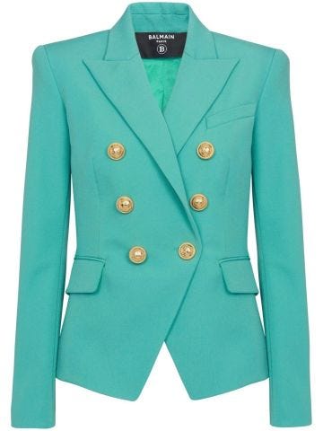 Green double-breasted blazer with gold buttons