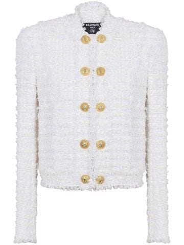 Blazer monopetto in tweed bianco con bottoni oro