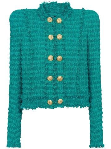 Teal tweed jacket with embossed gold buttons