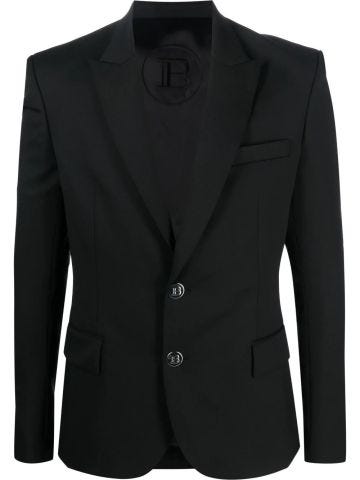 Black single-breasted blazer with logo buttons