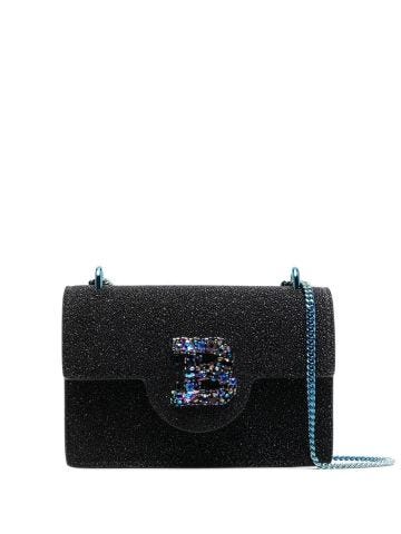 Black glitter mini clutch with crystal-embellished logo
