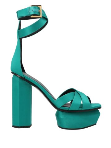 Green satin platform sandals