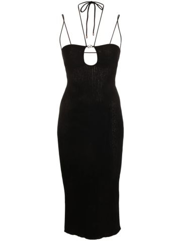 Black ribbed midi dress with logo applique